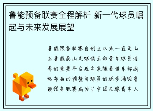 鲁能预备联赛全程解析 新一代球员崛起与未来发展展望